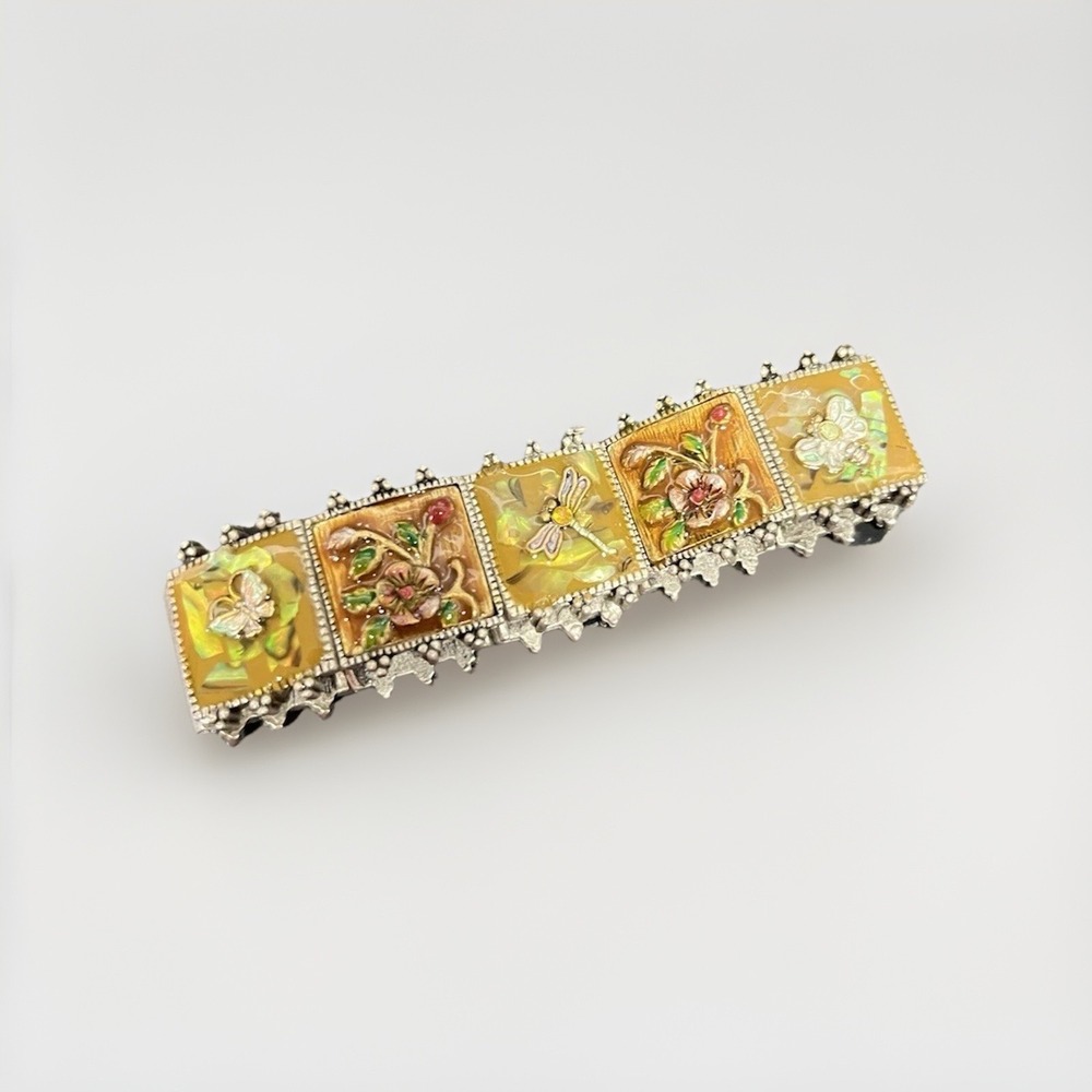 Vintage Damascene Flowers Birds Stretch Enamel Bracelet